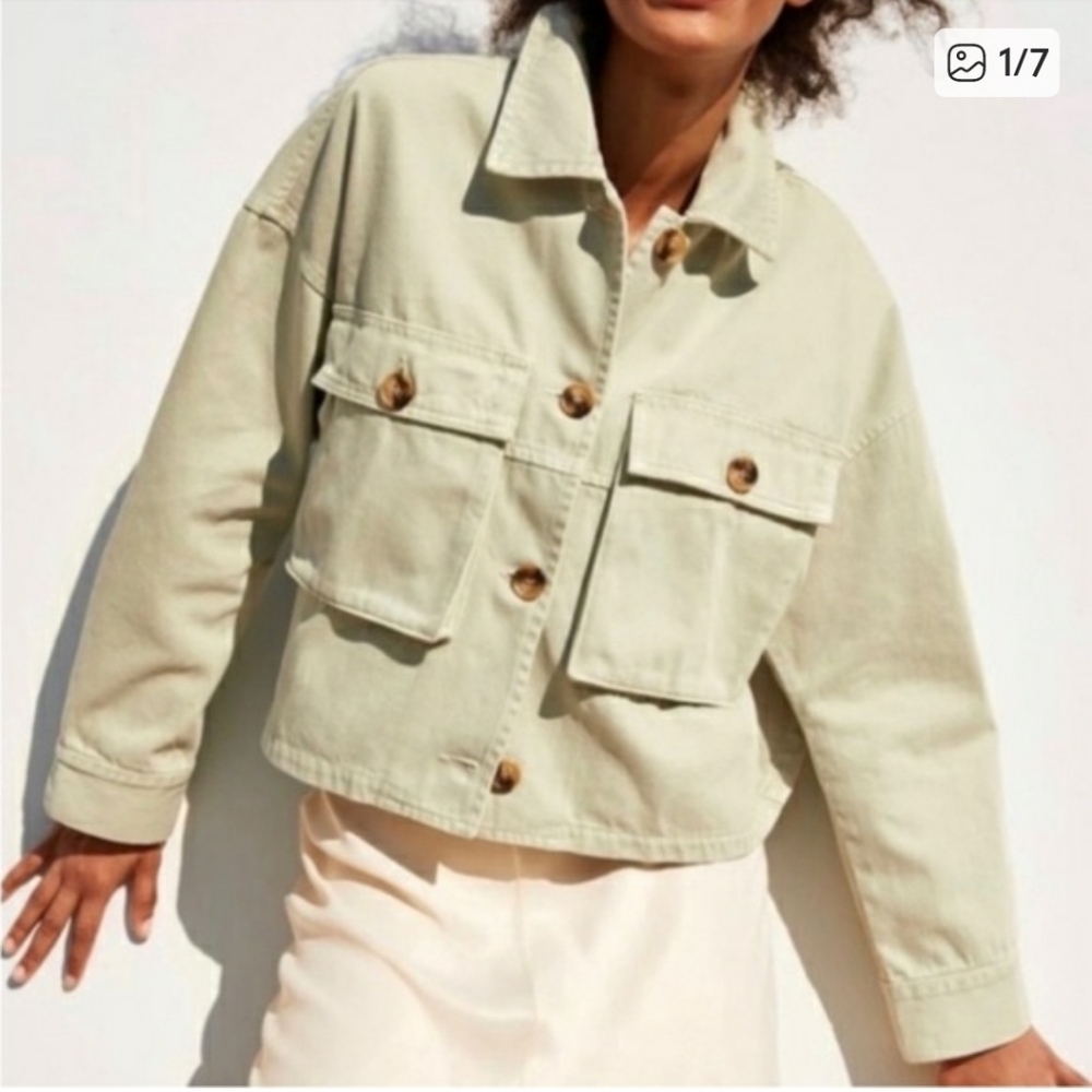ZARA Light Green Button-Up Denim Cropped Spring Casual Jacket Sz XS